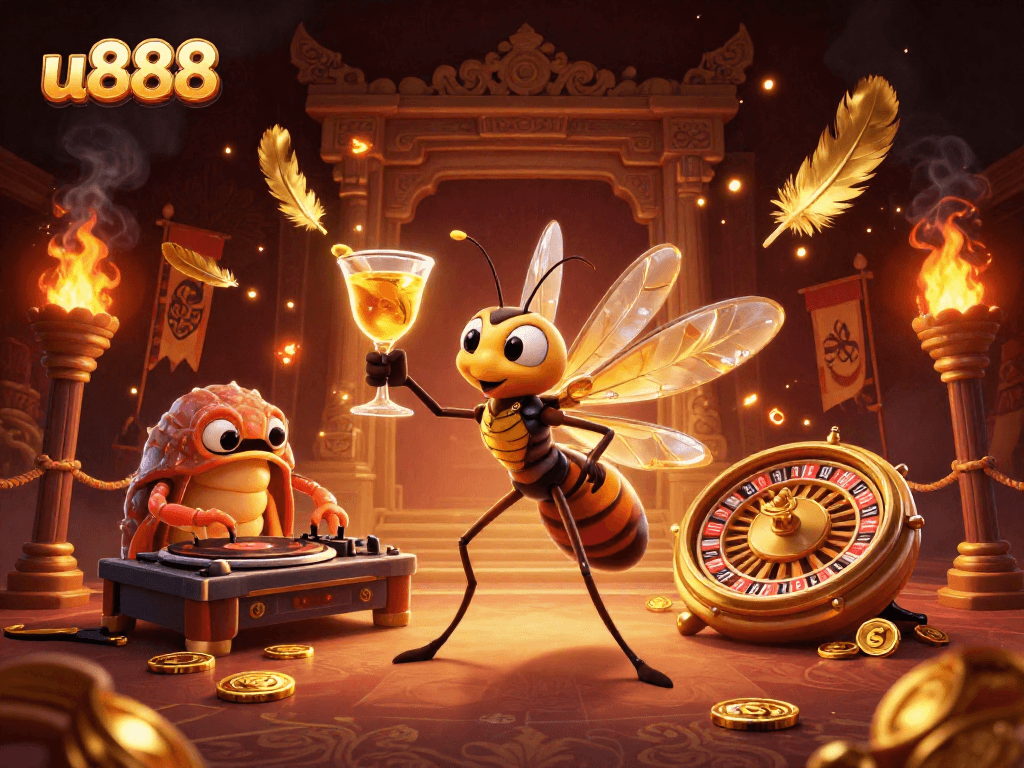 Spin the golden roulette wheel at u888 with unique casino mascots, dynamic elements, and vibrant energy.