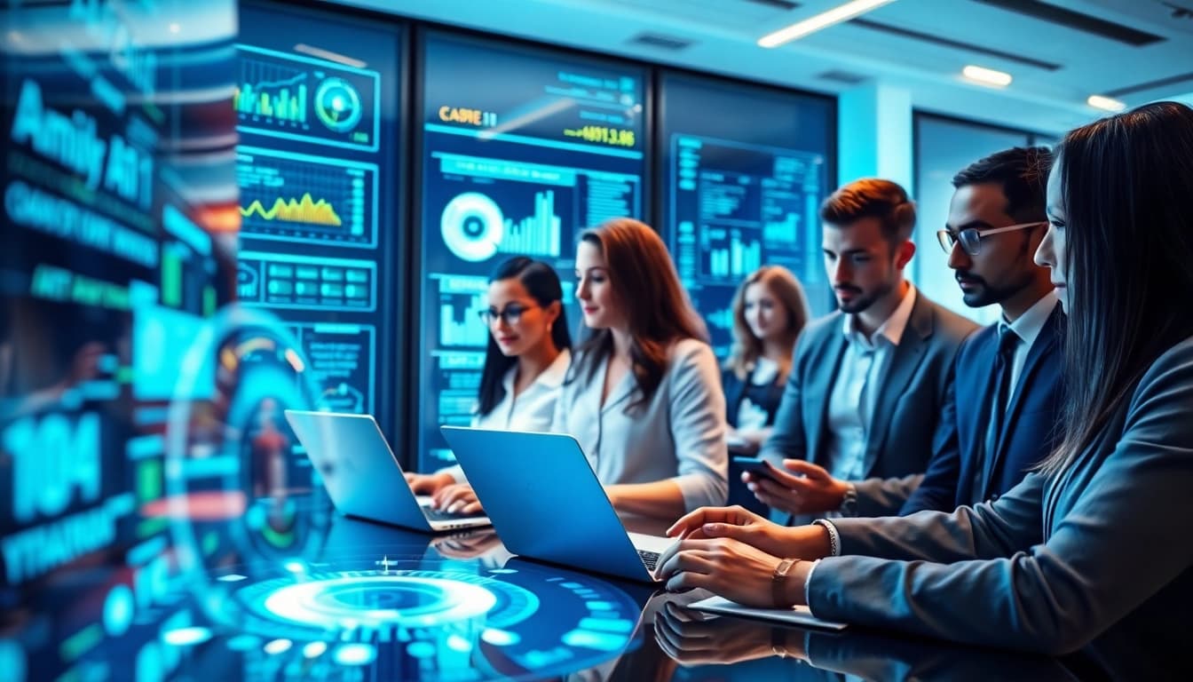 Dynamic Ai agents interface featuring advanced digital displays supporting teamwork.