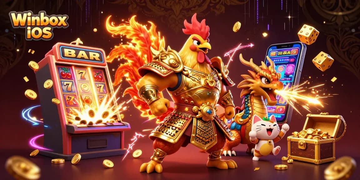 Winbox iOS app promotion featuring dynamic characters, a jackpot explosion, and casino game elements.
