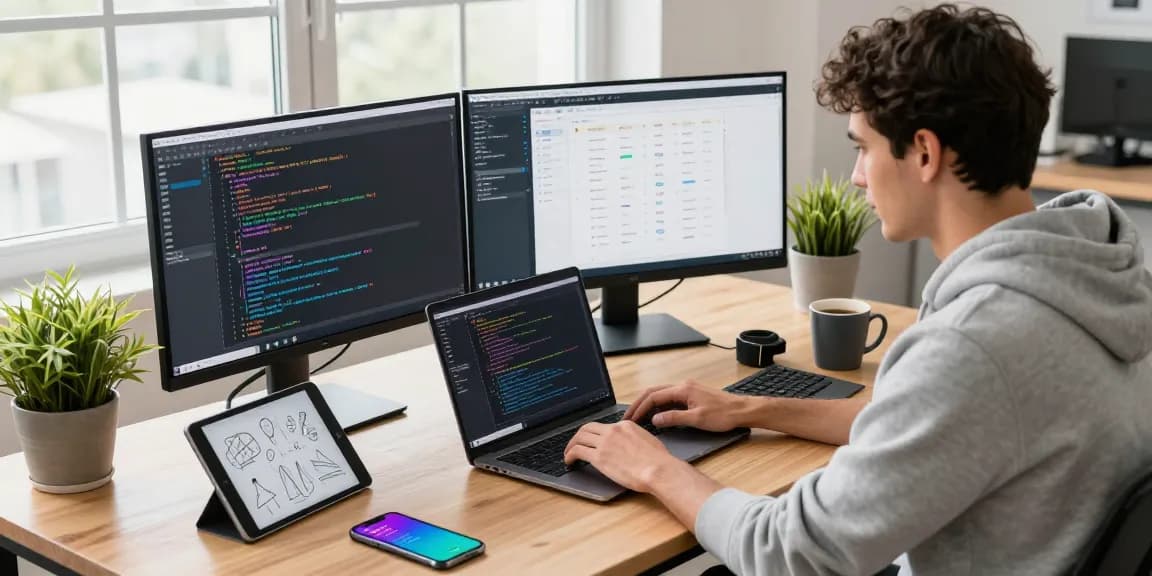 Innovative workspace of a software developer showcasing bdtjl coding environment with tech gadgets.