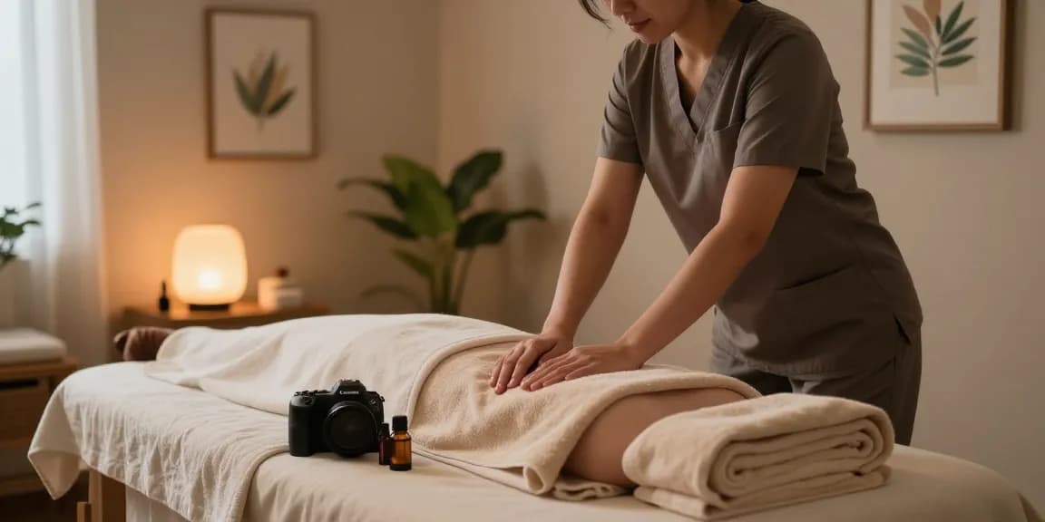 마사지 치료실에서 준비하는 전문 치료사와 아늑한 분위기