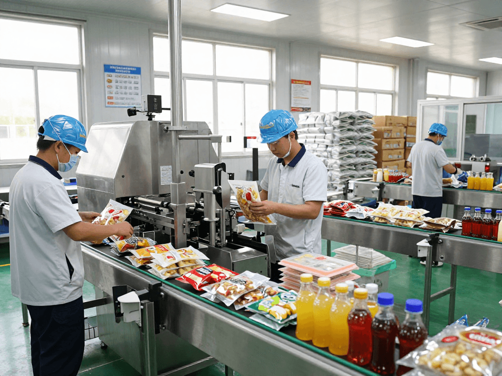 Proses kemasan makanan di pabrik modern dengan pekerja melakukan pengisian dan penyegelan produk, di lingkungan bersih.