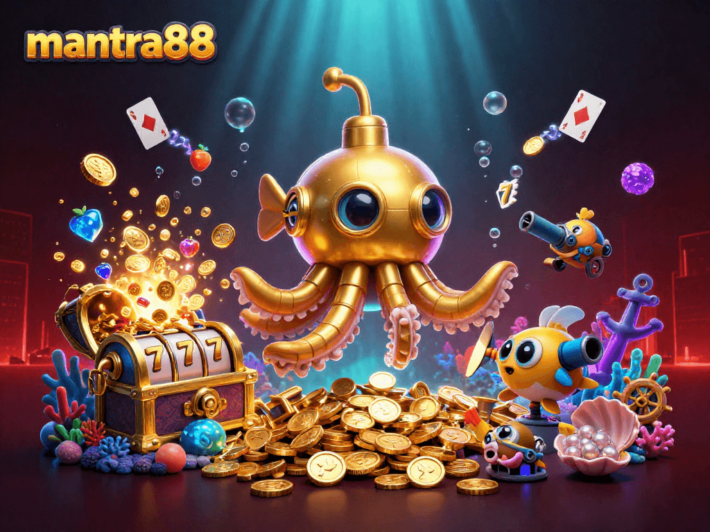 Experience the excitement of mantra88 as a golden kraken rises amidst spinning slot reels and treasures.