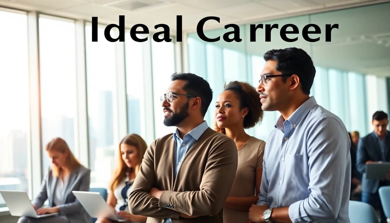 Visual representation of professionals discussing their Ideal Career options in a bright, collaborative office.