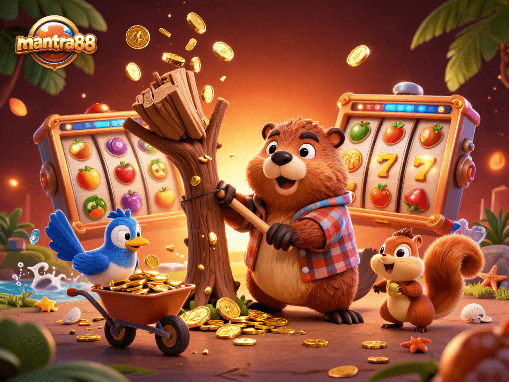 Experience thrilling wins at mantra88 with vibrant slot reels and playful animal characters in an exciting casino scene.