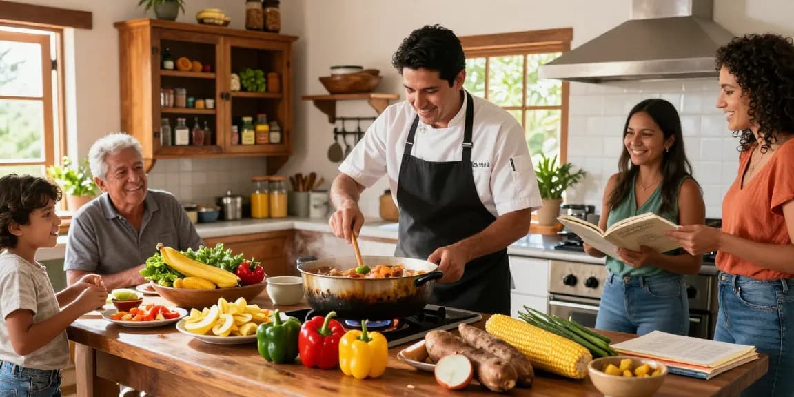 Best sancocho colombiano near me being prepared in a cozy kitchen with fresh ingredients and family gathered around.