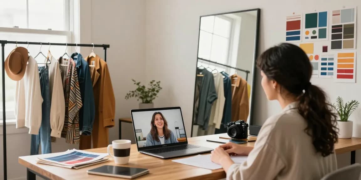 Consulenza d'immagine online con stylist in un ambiente accogliente, analisi di outfit e accessori.