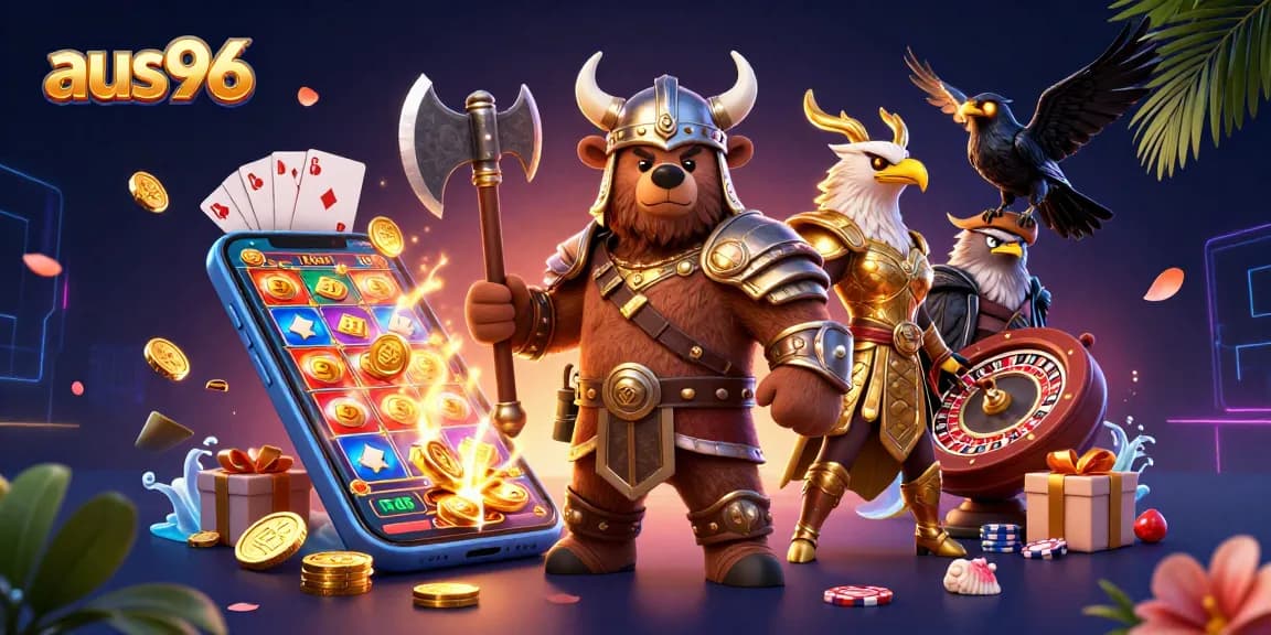 Experience exciting gaming with aus96 featuring a Viking bear and Valkyrie eagle in a vibrant casino scene.
