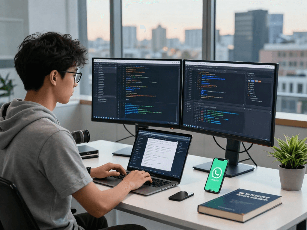 A mobile app developer coding on gb whatsapp apk in a vibrant workspace.