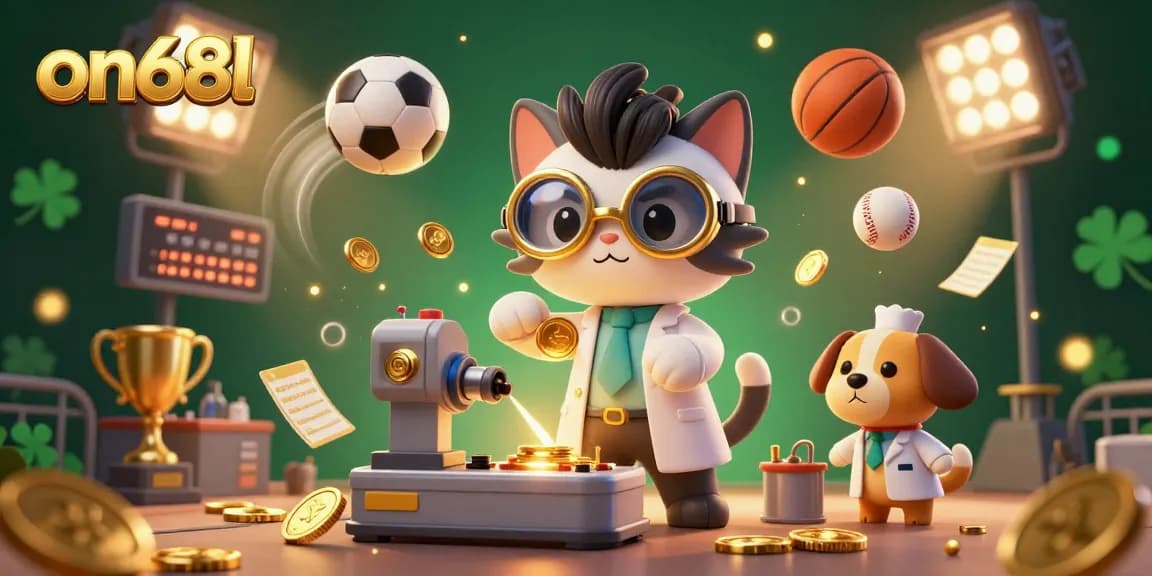 Experience thrilling gaming action at on68l with a dynamic 3D illustration showcasing a mad scientist cat and golden trophies.