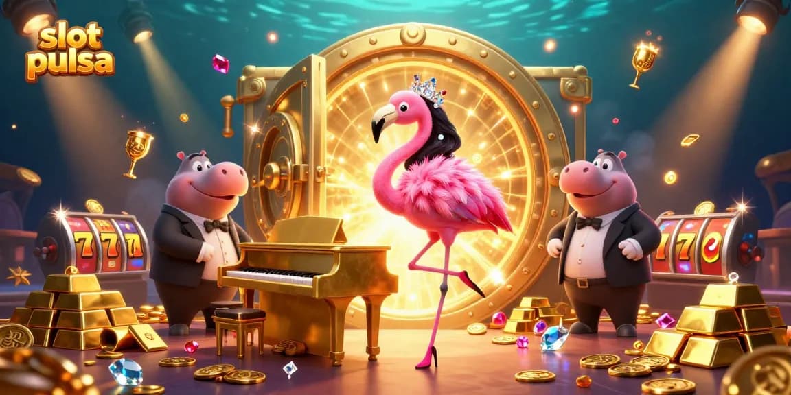 Play slots pulsa with vivid gold treasures and lively characters in this colorful casino scene.