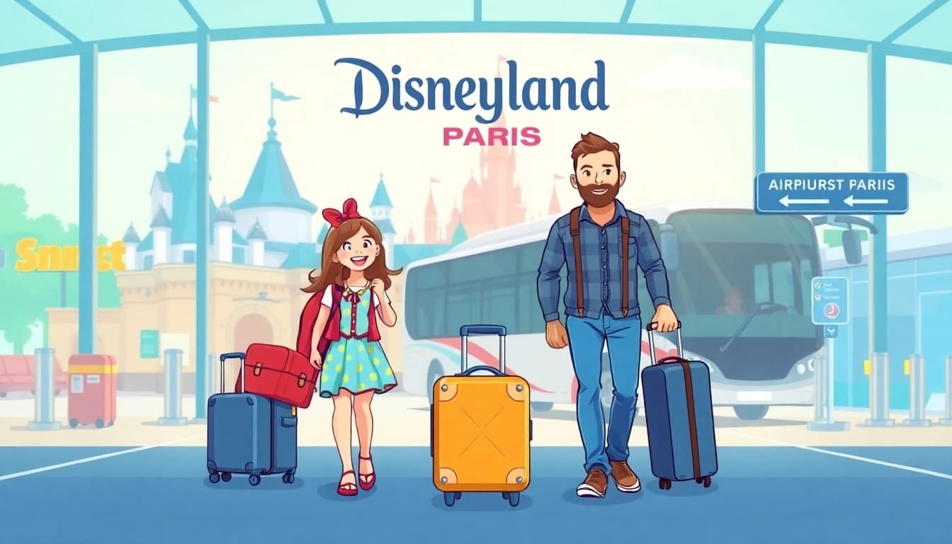 Transporting from Disneyland Paris to airport with a cheerful family and shuttle bus.