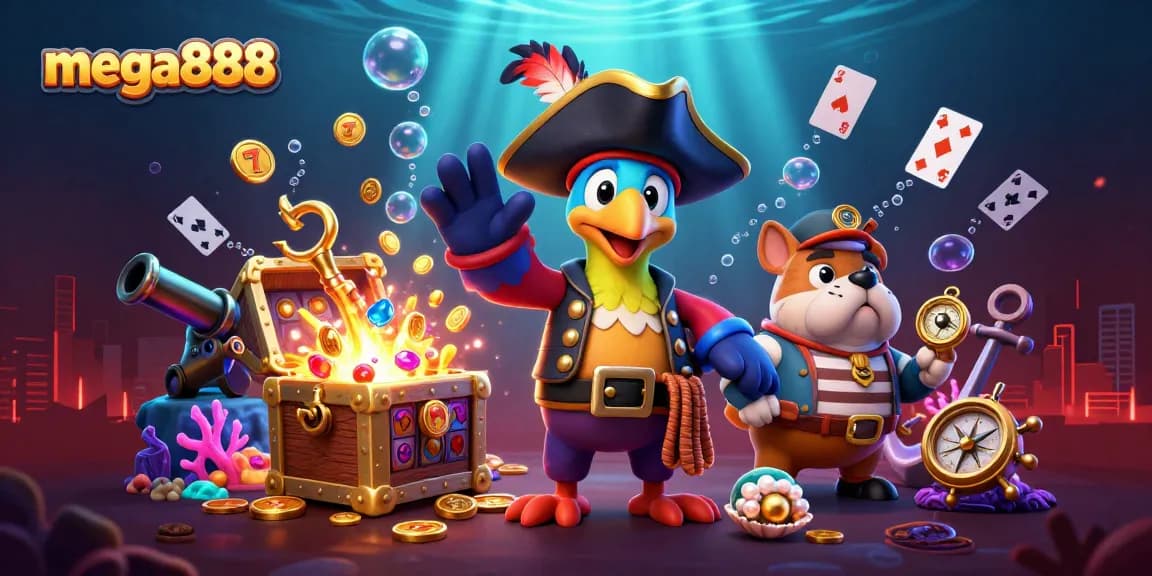 Experience the thrill of mega888 with vibrant characters in an exciting casino-themed underwater setting.