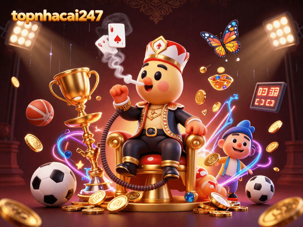 Engage in fun gameplay at topnhacai247 featuring a lively 3D illustration of a whimsical hookah-master and dynamic sports elements.