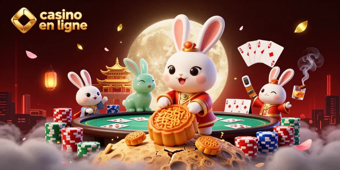 Action de jouer au casino en ligne avec un lapin lunaire et des jetons de poker scintillants.
