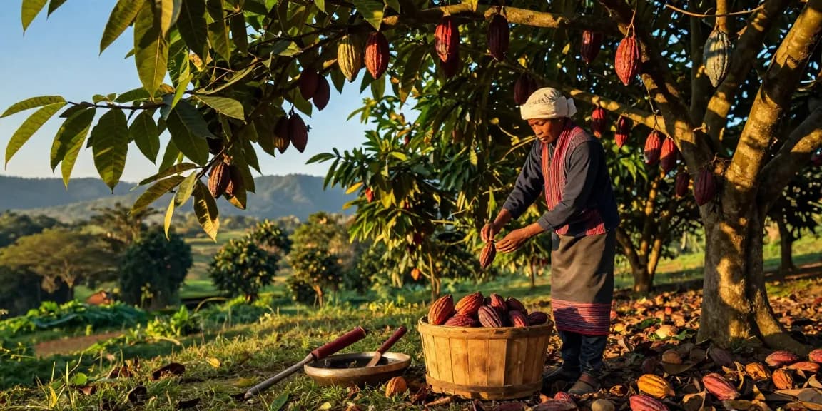 Farmer harvesting cacao pods in serene landscape with m98 focus.