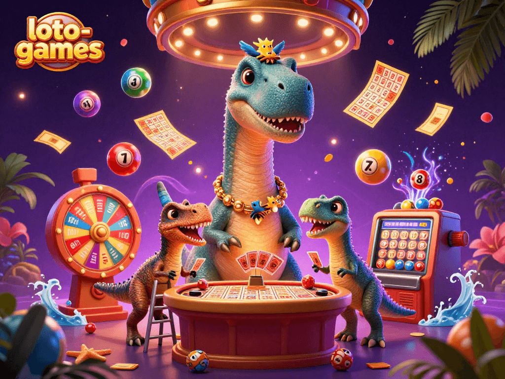Loto-games ticketing scene with a brontosaurus and raptor at a lively lottery table, showcasing vibrant game elements.