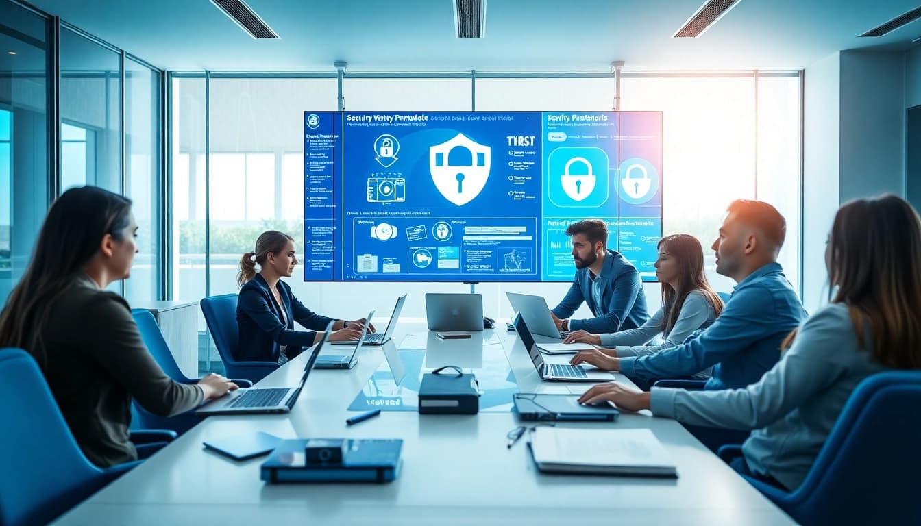 Cybersecurity team discussing cyber essentials vs cyber essentials plus in a modern office setting.