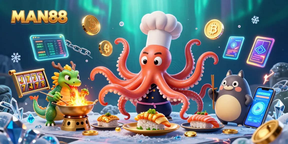 Engage with MAN88 by watching a sushi chef octopus prepare winning dishes in a colorful casino scene.