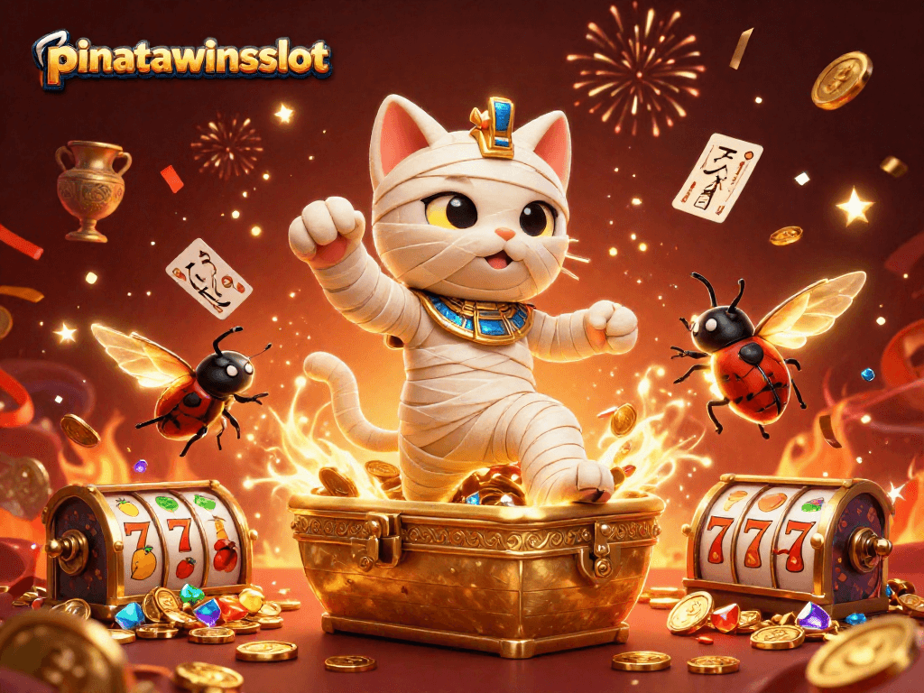 Experience the excitement of pinatawinsslot with animated mummy cat and glowing treasures in a colorful casino.