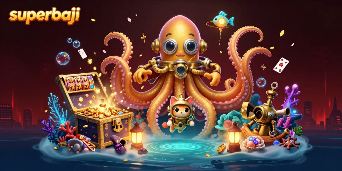 Engage with superbaji's thrilling world featuring a colossal kraken and vibrant slot elements.