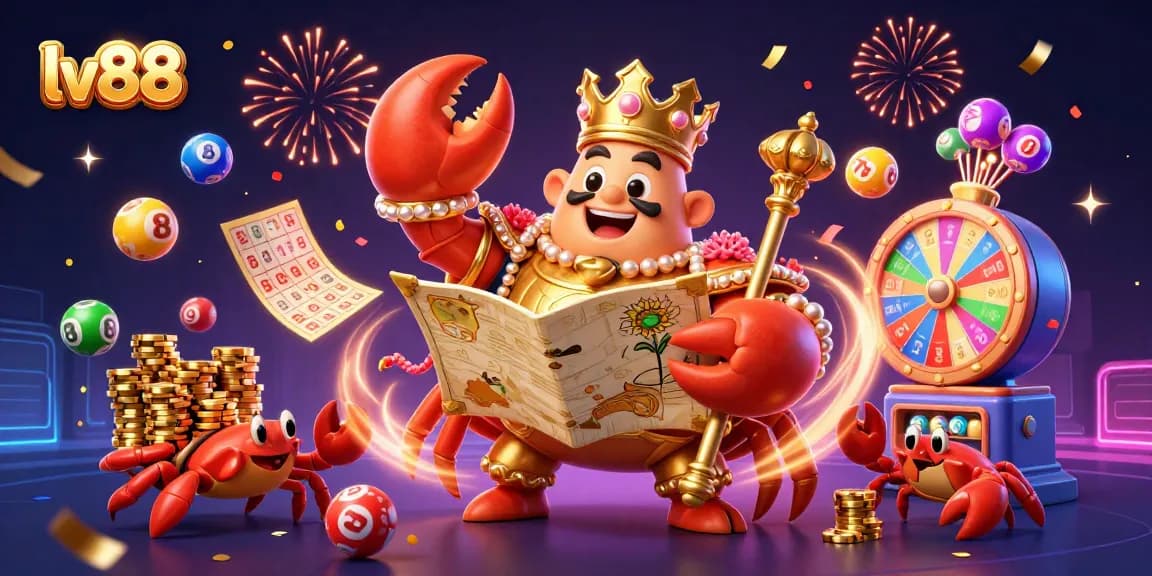 Win big at lv88 with vibrant lottery balls and a crowned crab emperor in a dynamic casino scene.