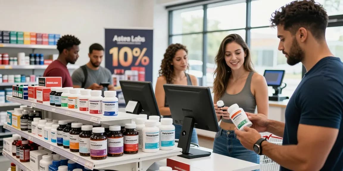A diverse group of fitness enthusiasts shopping at Astera Shop for quality steroids, showcasing various products in a modern retail setting.