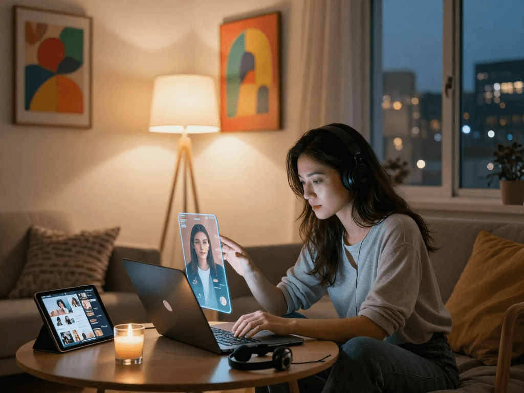Engaging moment between user and AI gf in a cozy urban setting, showcasing technology integration.