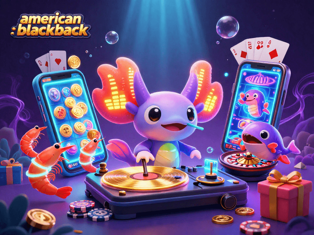 Experience engaging american-blackjack action with a vibrant axolotl DJ scene featuring casino gaming elements.