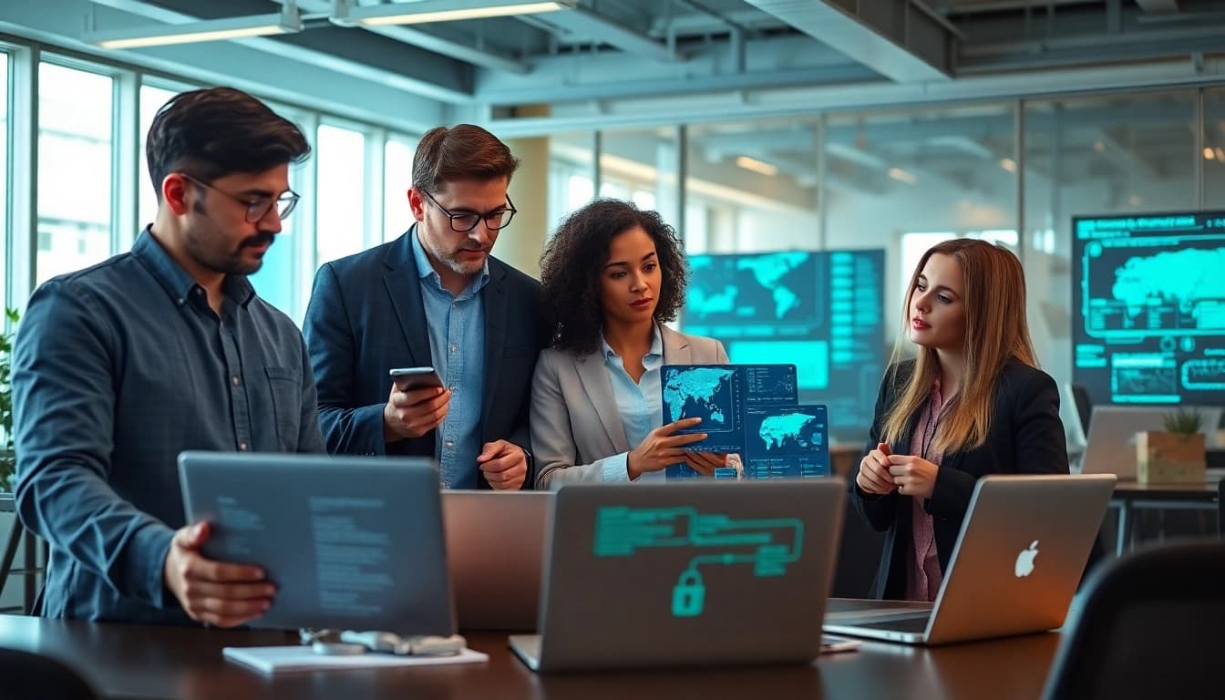 Engaged team evaluating cyber essentials in a modern office