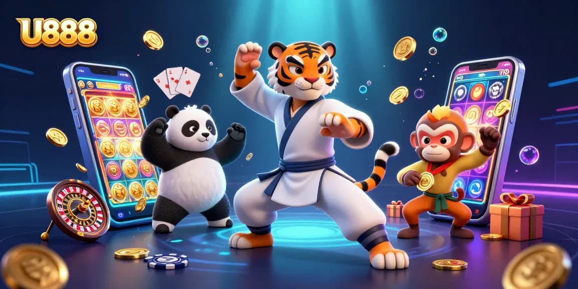 Engage in thrilling gaming at U888 with dynamic action featuring kung fu characters and vibrant casino elements.