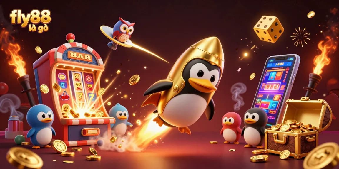Engage with fly88 là gì while watching a vibrant golden penguin racing towards a casino space station.