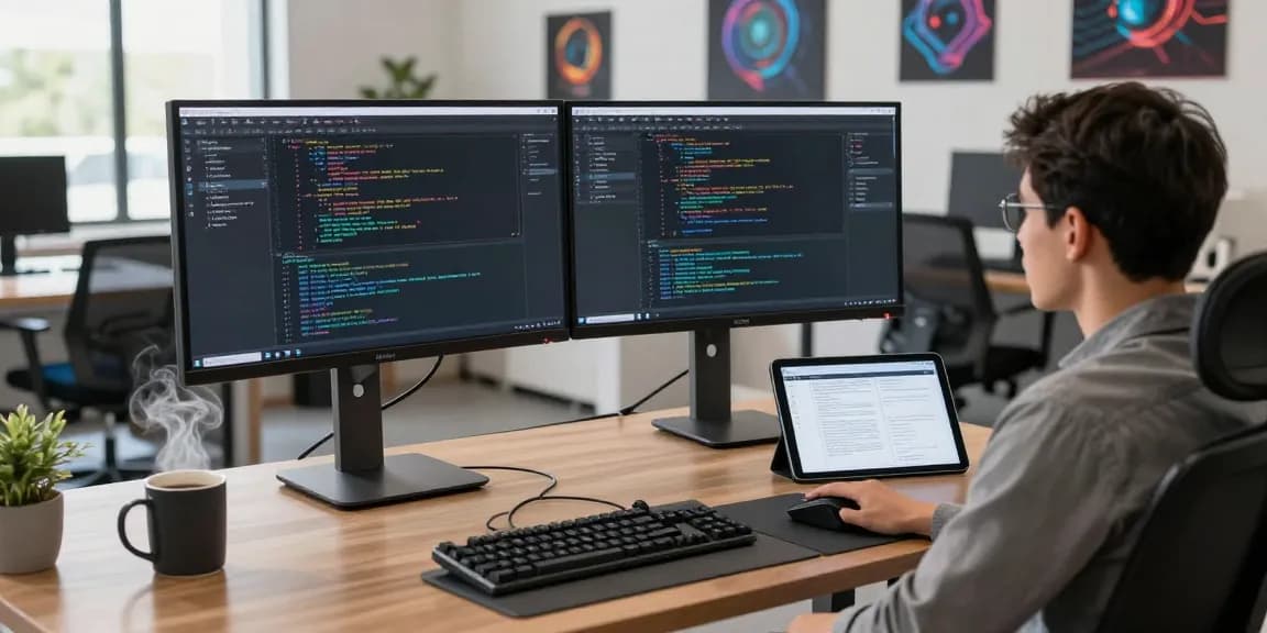 Professional software workspace with developer coding applications, showcasing technology elements and an inspiring atmosphere for 456bd.