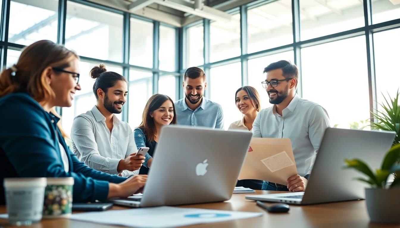 Shopify experts collaborating in a modern office, showcasing teamwork and innovation.