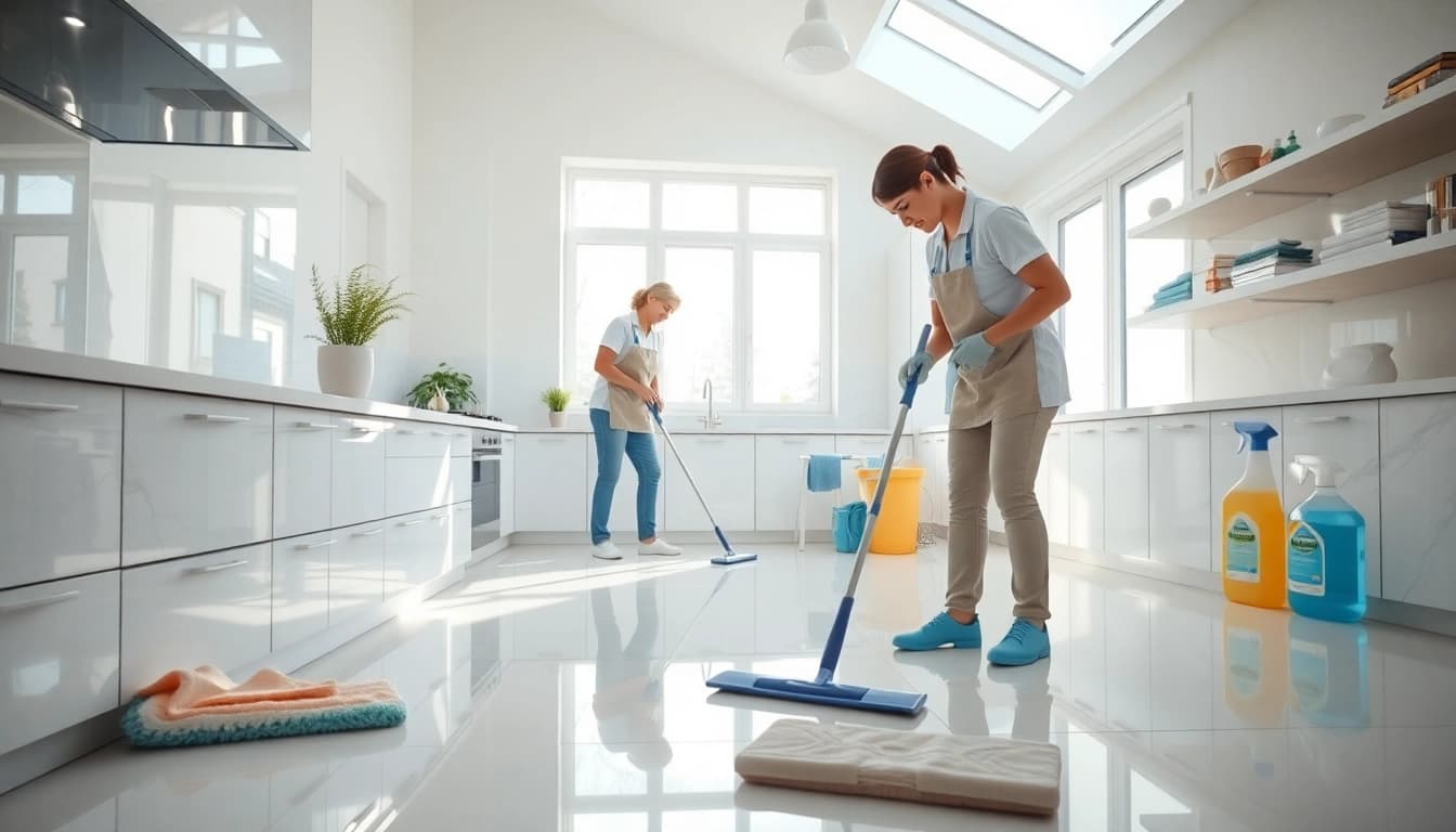 Bond cleaning team diligently scrubbing surfaces in a spotless kitchen environment.