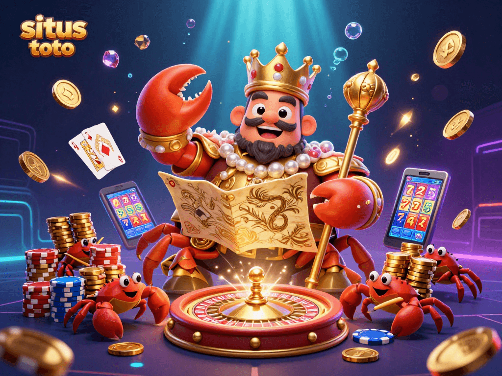 Engage with situs toto as the golden crab emperor leads the way in a lively casino scene.