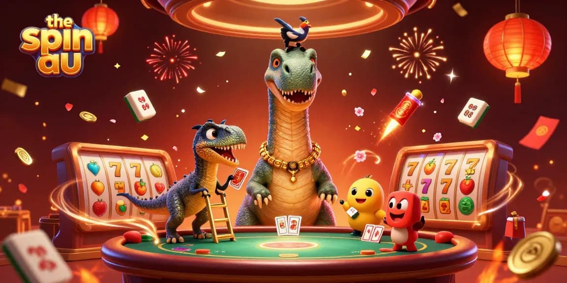 Experience the spin au in a lively casino scene featuring a brontosaurus and playful raptor