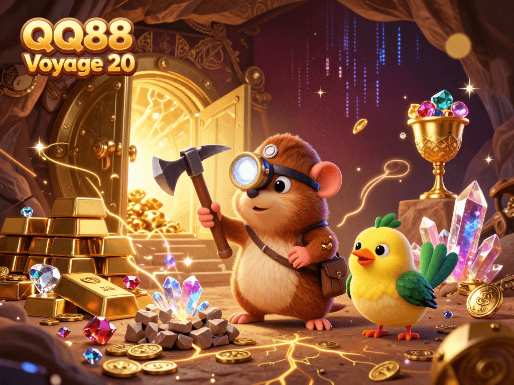 Experience exciting treasures with QQ88 Voyage 20, featuring a treasure hunter mole and canary in a vibrant gambling scene.