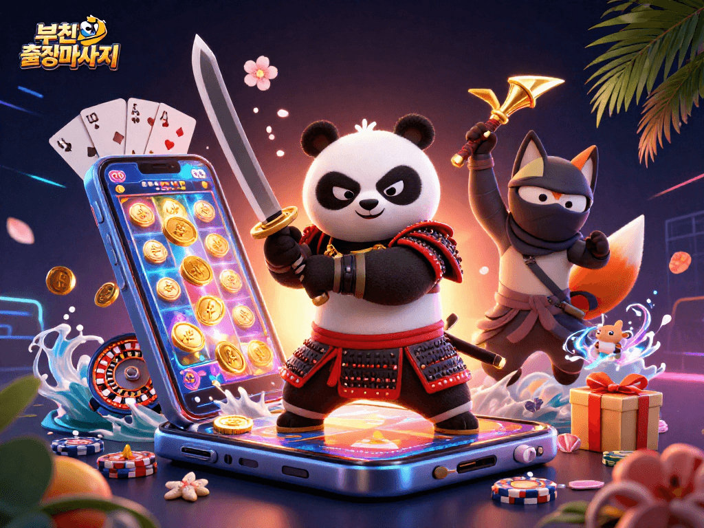 Experience the thrill of 부천출장마사지 with vibrant casino elements featuring a samurai panda and ninja fox.