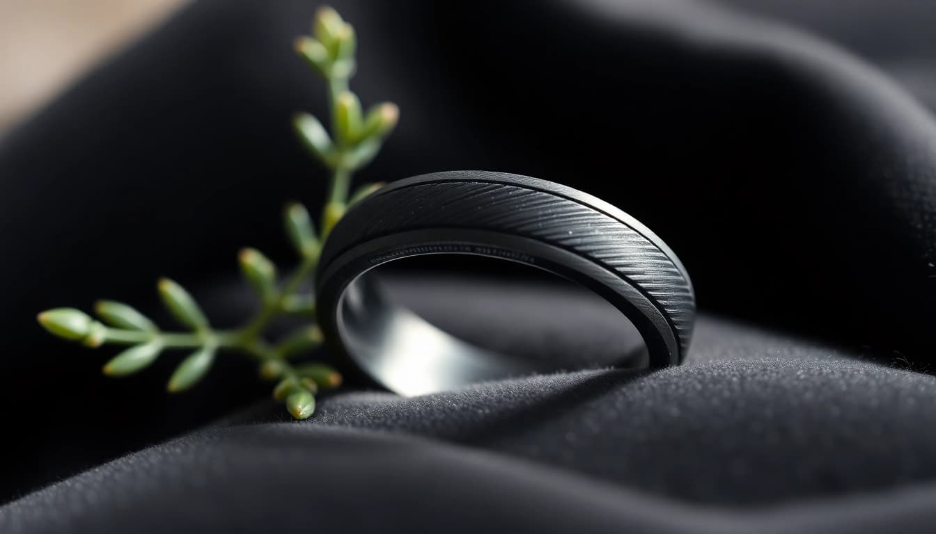 Showcase a stunning Black Zirconium Rings placed elegantly against a dark velvet backdrop.