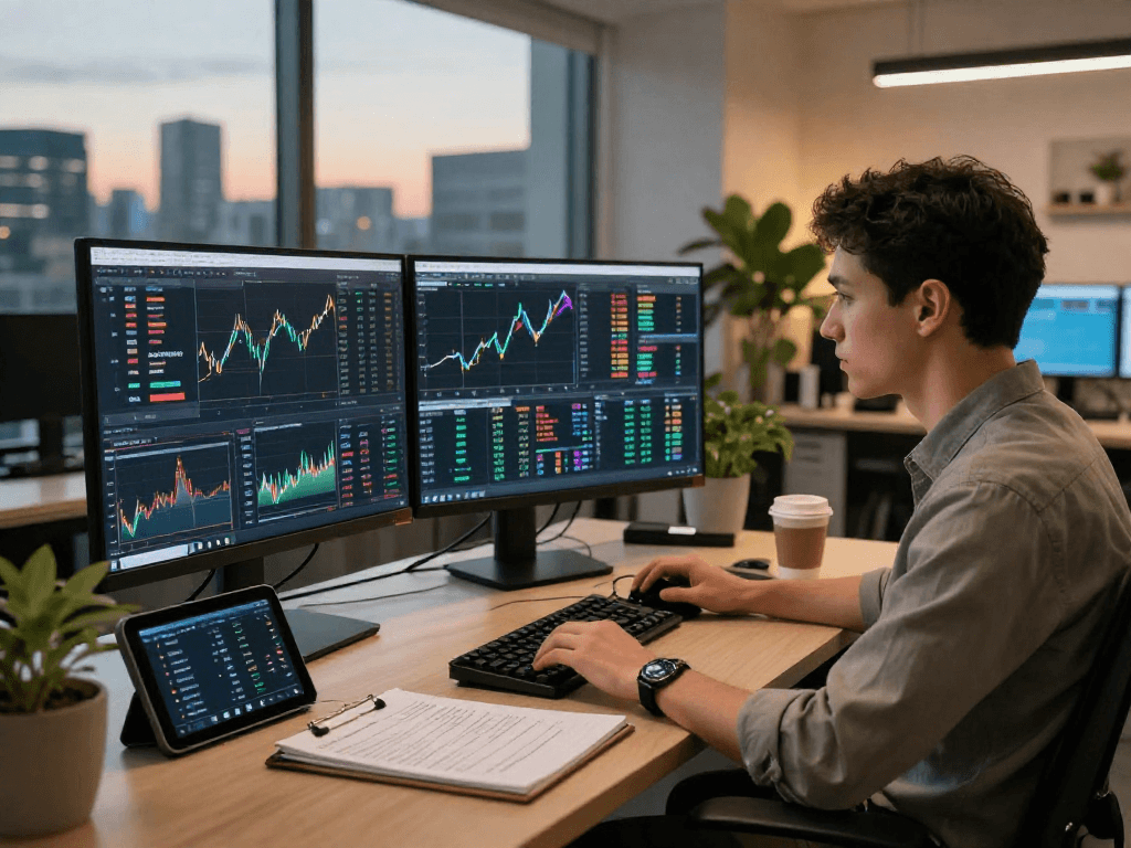 Un trader de criptomonedas utilizando Immediate Edge en una oficina moderna, analizando gráficos de mercado.