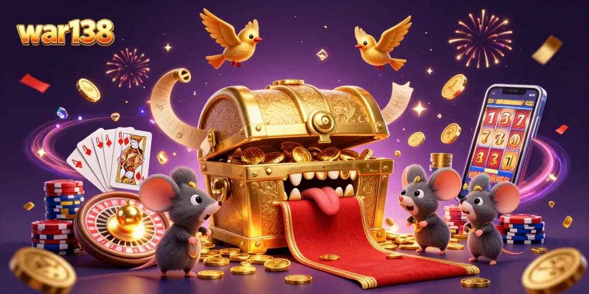 Experience jackpot excitement at war138 with a treasure chest enticing adventurer mice amidst vibrant casino action.