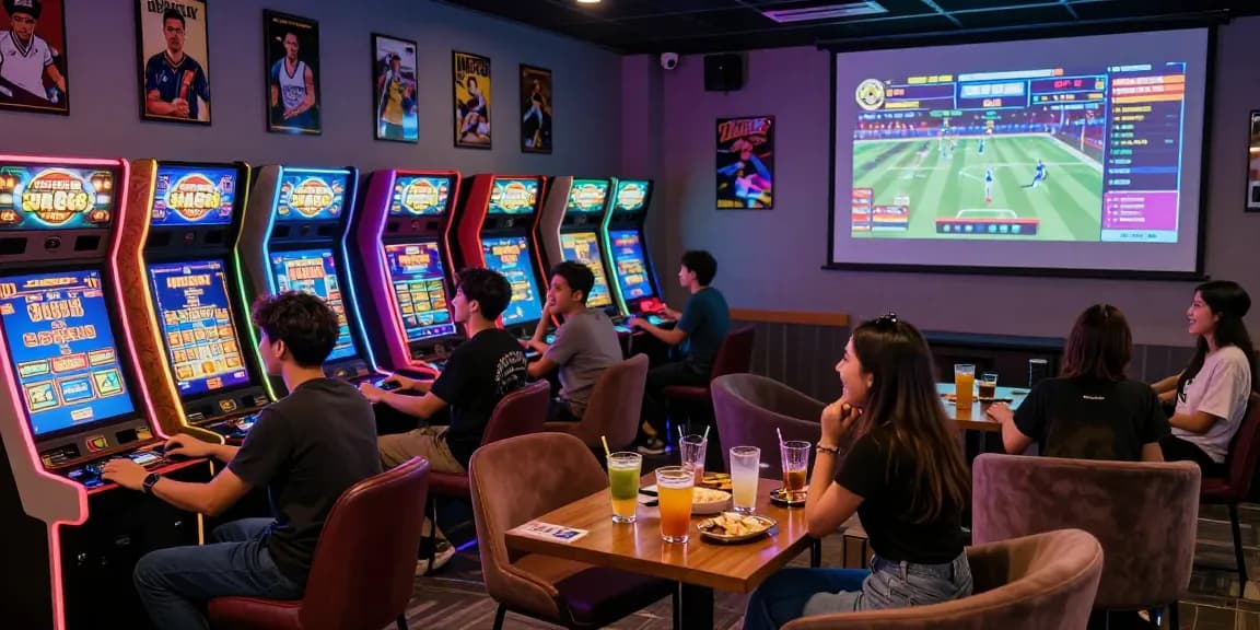 Excited friends enjoying situs 888 games in a vibrant gaming lounge.