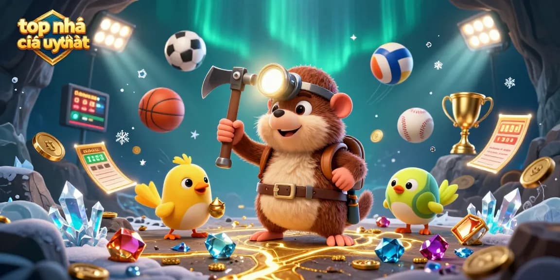 Engage with top nhà cái uy tín as our cartoon mole and canary explore a vibrant casino world filled with winning elements.