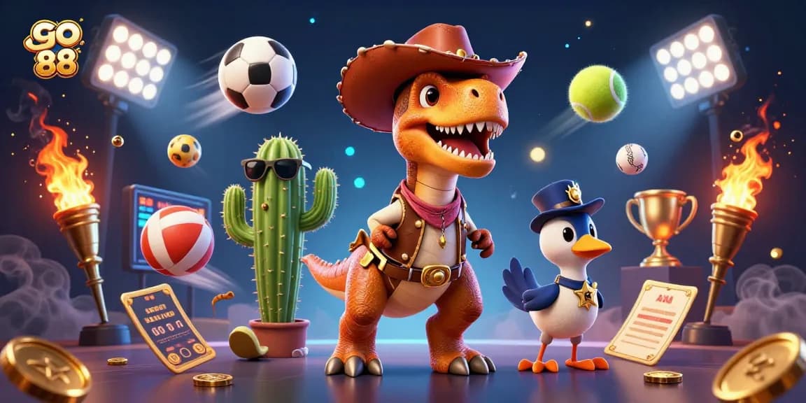 Engage with go 88's dynamic gaming scene featuring a dinosaur, cactus, and roadrunner in captivating action.