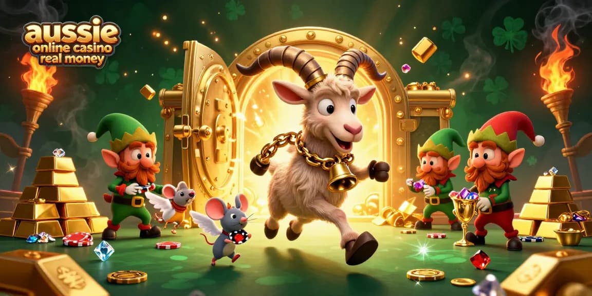 Aussie online casino real money scene showcasing a playful casino atmosphere with gamblers and treasures.