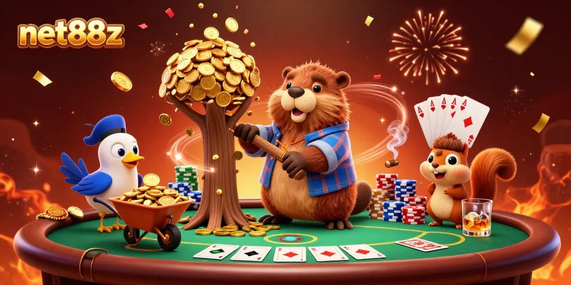 Join the excitement of net88z as a beaver chops a tree raining gold coins during a poker celebration.