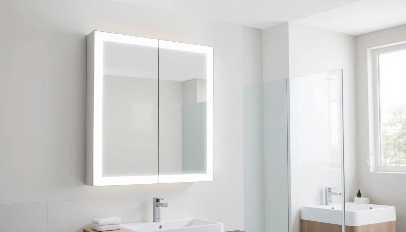 Spiegelschrank Bad mit Beleuchtung, elegant in modernem Design und sanfter Beleuchtung.