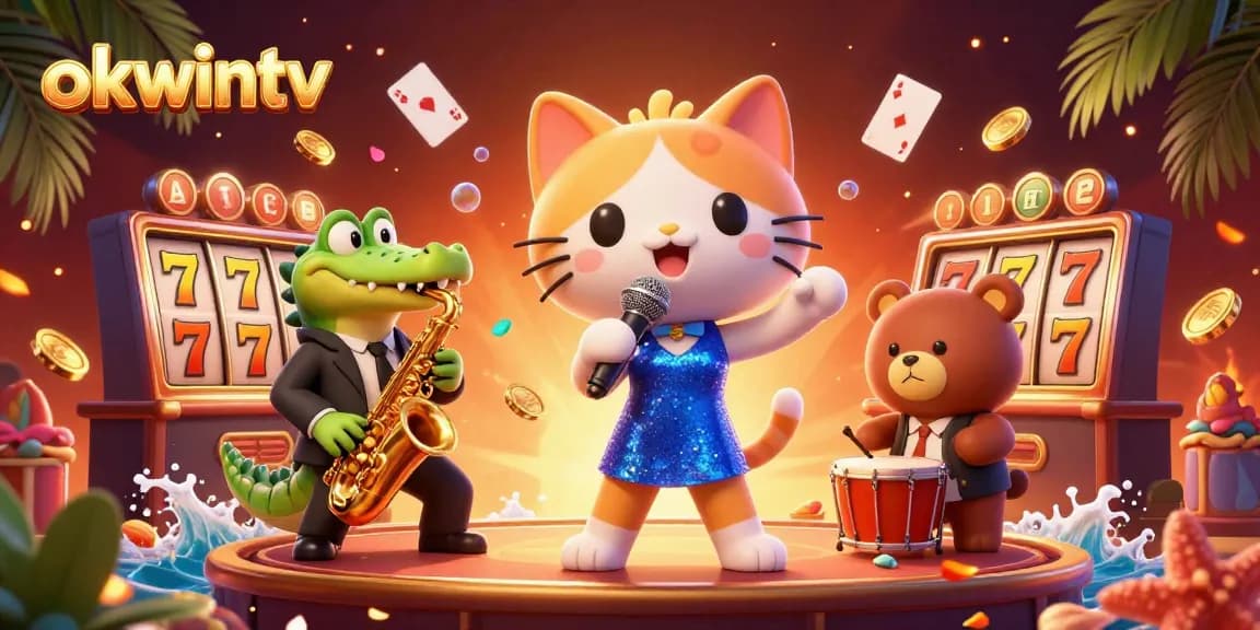 Experience vibrant gaming at okwintv with lively characters and slot games in a dynamic casino scene.