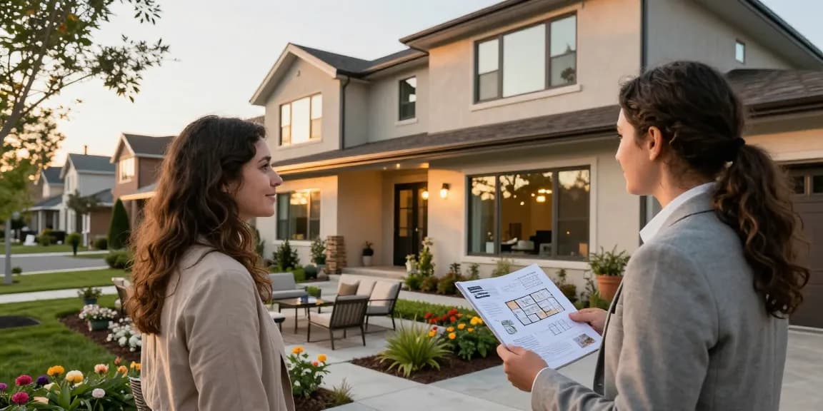 Explore woningunie properties with a real estate agent showcasing modern homes in a vibrant neighborhood.